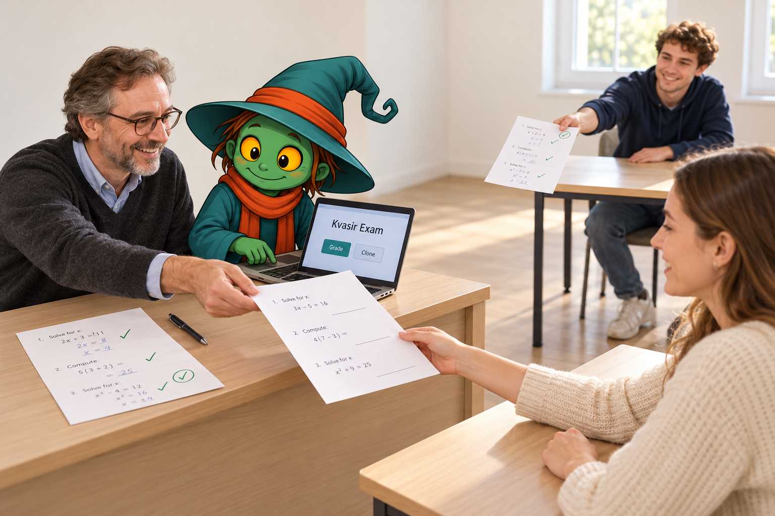 A professor and the green Kvasir witch grade a male student’s work and hand a new assignment to a female student.